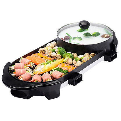 SOGA 2X 2  in 1 Electric Non-Stick BBQ Teppanyaki Grill Plate Steamboat Hotpot 2-8 Person • LUZ-SteamboatHotPotandGrillLongX2