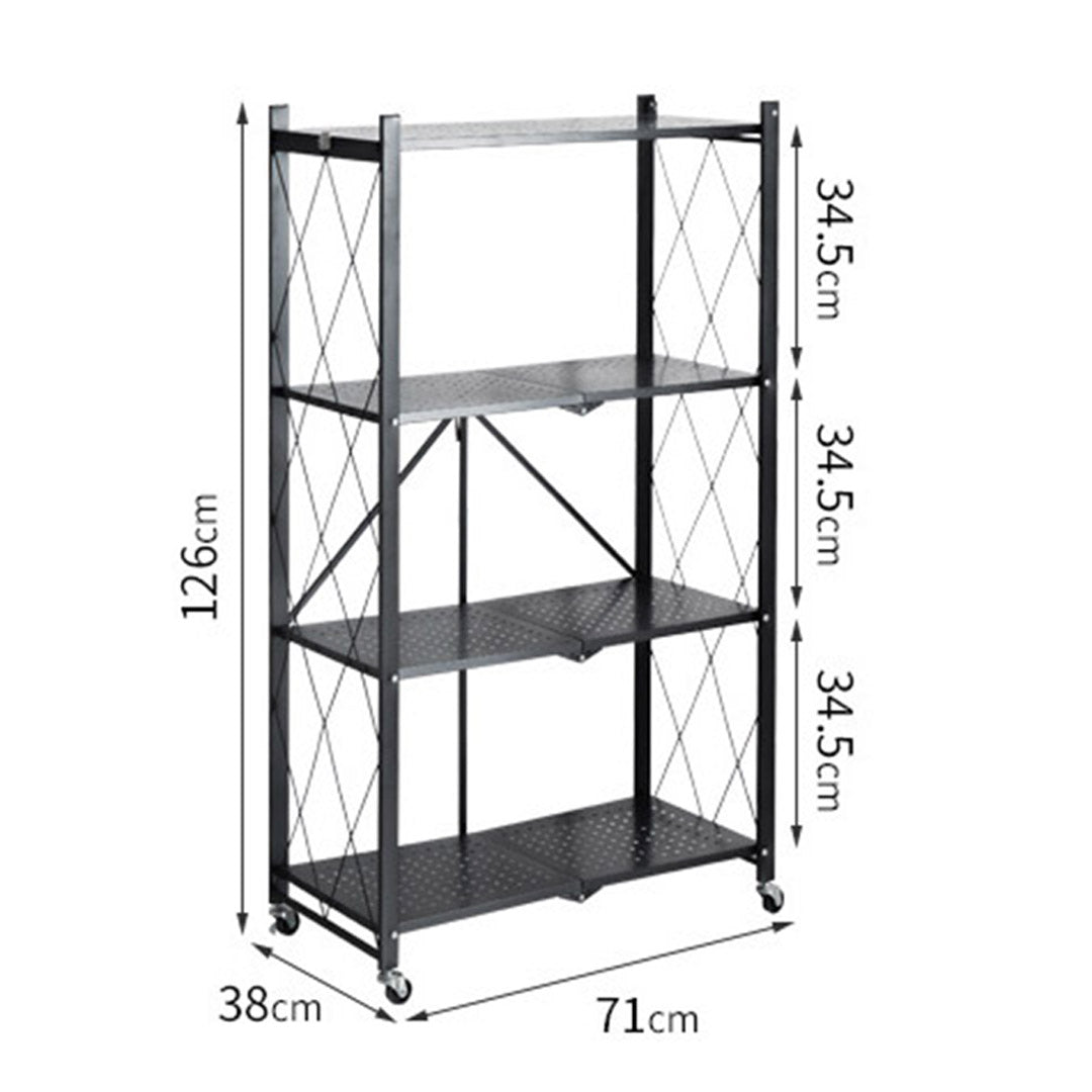 SOGA 4 Tier Steel Black Foldable Kitchen Cart Multi-Functional Shelves Portable Storage Organizer with Wheels • LUZ-KitchenXY002