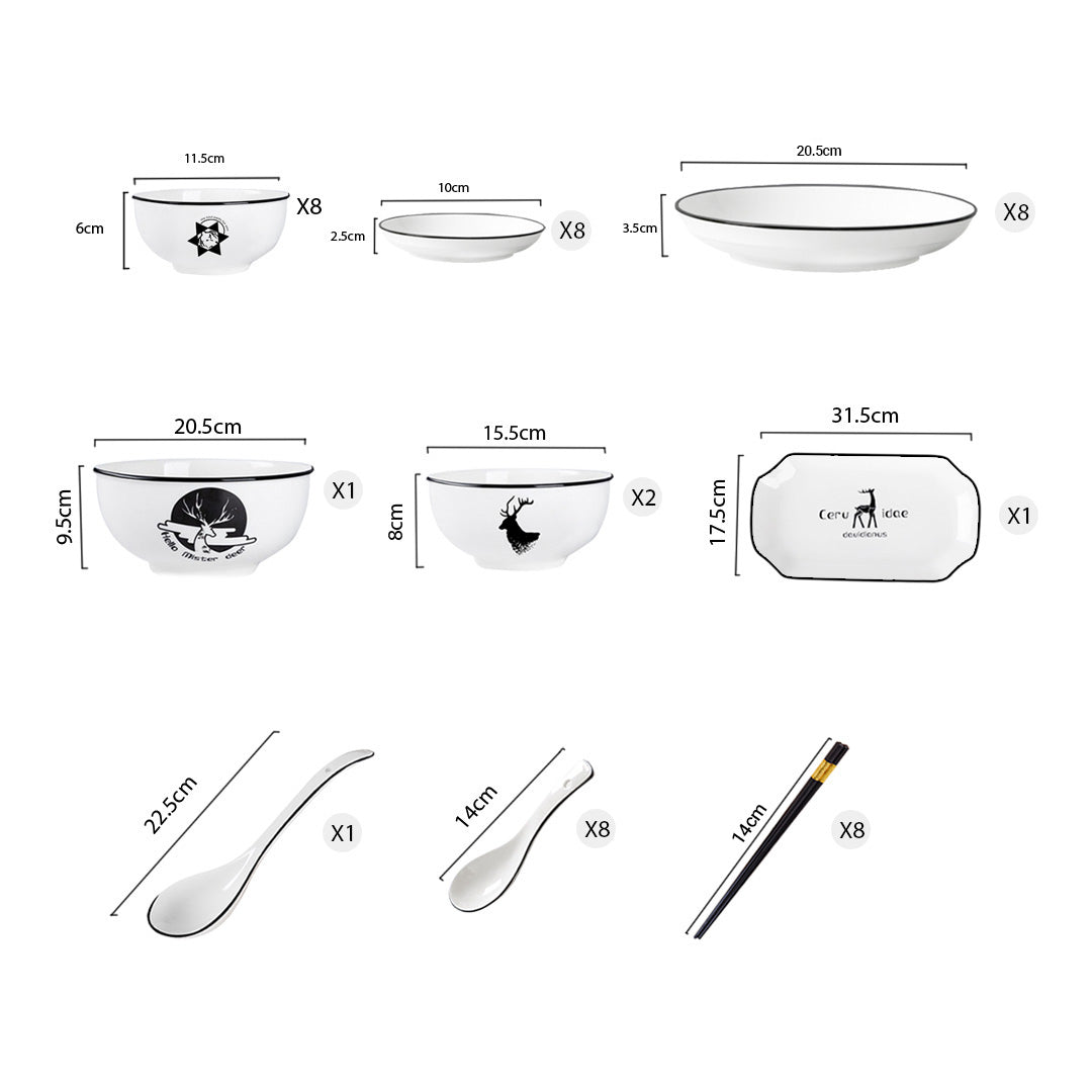 SOGA White Antler Printed Ceramic Dinnerware Set Crockery Soup Bowl Plate Server Kitchen Home Decor Set of 28 • LUZ-BowlG776