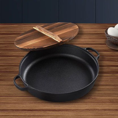 SOGA 35cm Round Cast Iron Pre-seasoned Deep Baking Pizza Frying Pan Skillet with Wooden Lid • LUZ-ZPaiC4