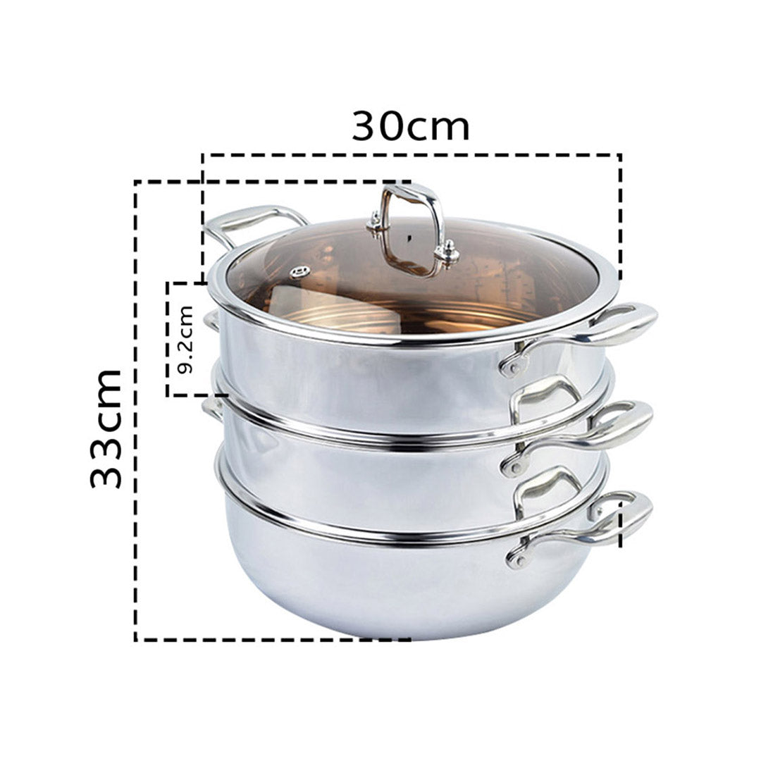 SOGA 3 Tier 30cm Heavy Duty Stainless Steel Food Steamer Vegetable Pot Stackable Pan Insert with Glass Lid • LUZ-SteamerTRISTQ30