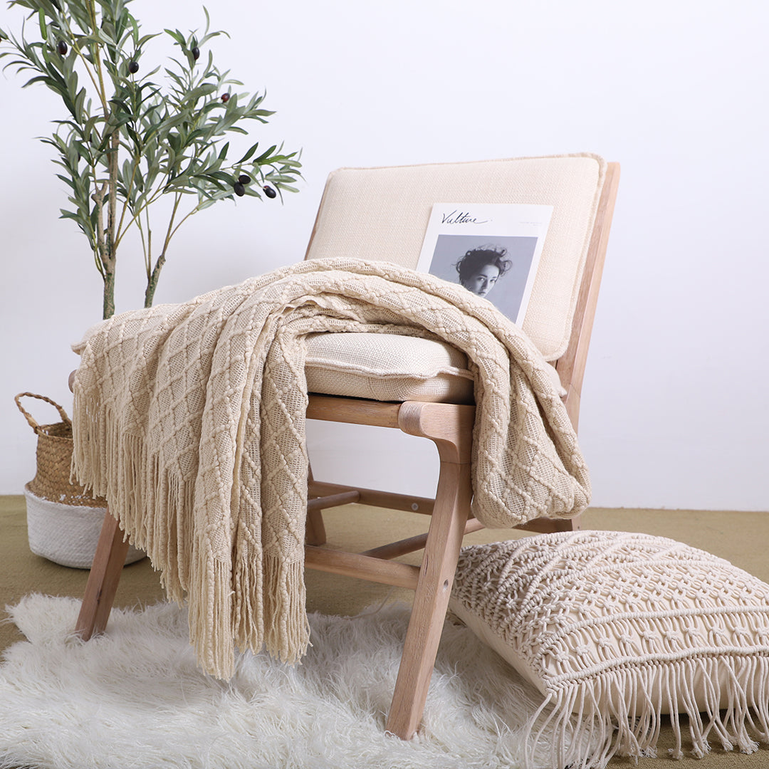 SOGA Beige Diamond Pattern Knitted Throw Blanket Warm Cozy Woven Cover Couch Bed Sofa Home Decor with Tassels • LUZ-Blanket922