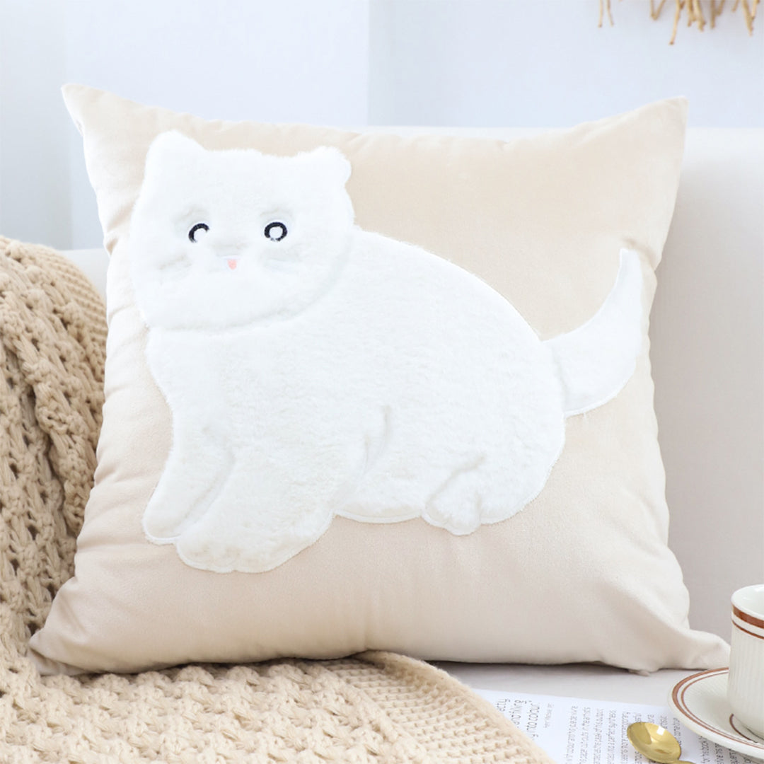 SOGA 45cm Throw Pillow Light Tan Square Cushion with Soft White Cat Design Decorative Home Decor • LUZ-FrenchCushion280