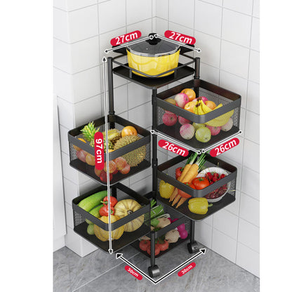 SOGA 5 Tier Steel Square Rotating Kitchen Cart Multi-Functional Shelves Portable Storage Organizer with Wheels • LUZ-KitchenXY021