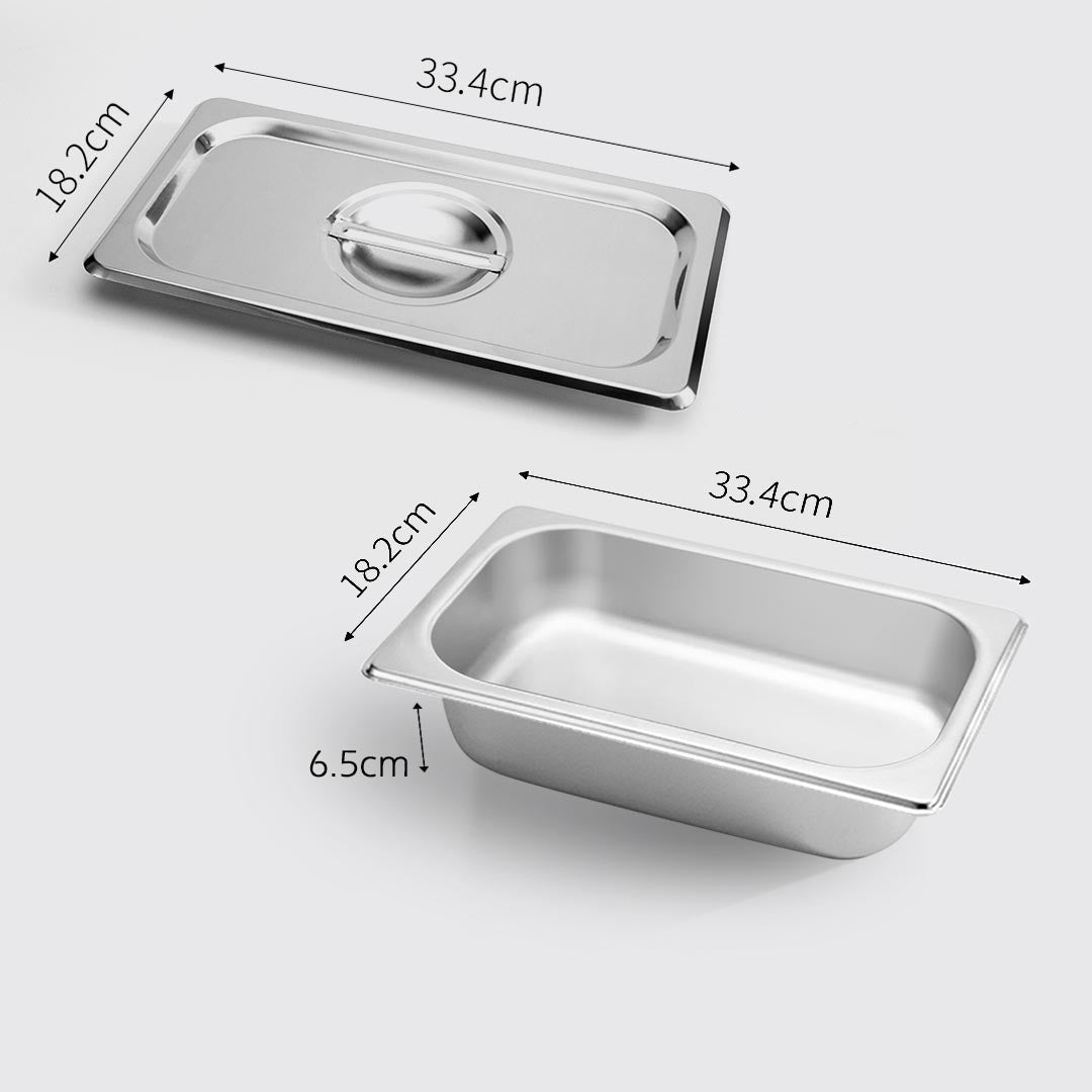 SOGA 2X Gastronorm GN Pan Full Size 1/3 GN Pan 6.5 cm Deep Stainless Steel Tray With Lid • LUZ-GP5415wLidX2