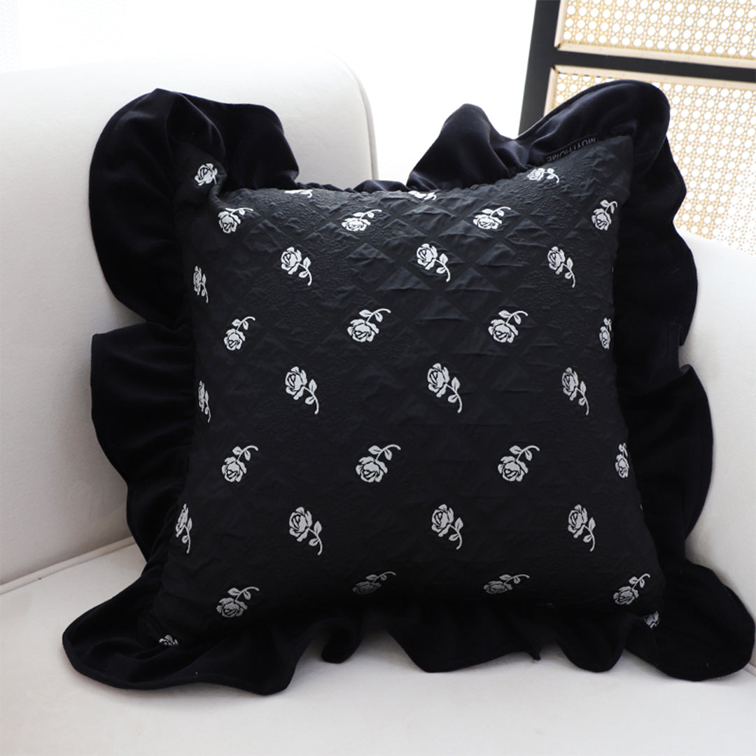 SOGA 2X 45cm Throw Pillow Black Ruffled Square Decorative Cushion for Rose Lovers Cozy Home Decor LUZ-FrenchCushion307X2