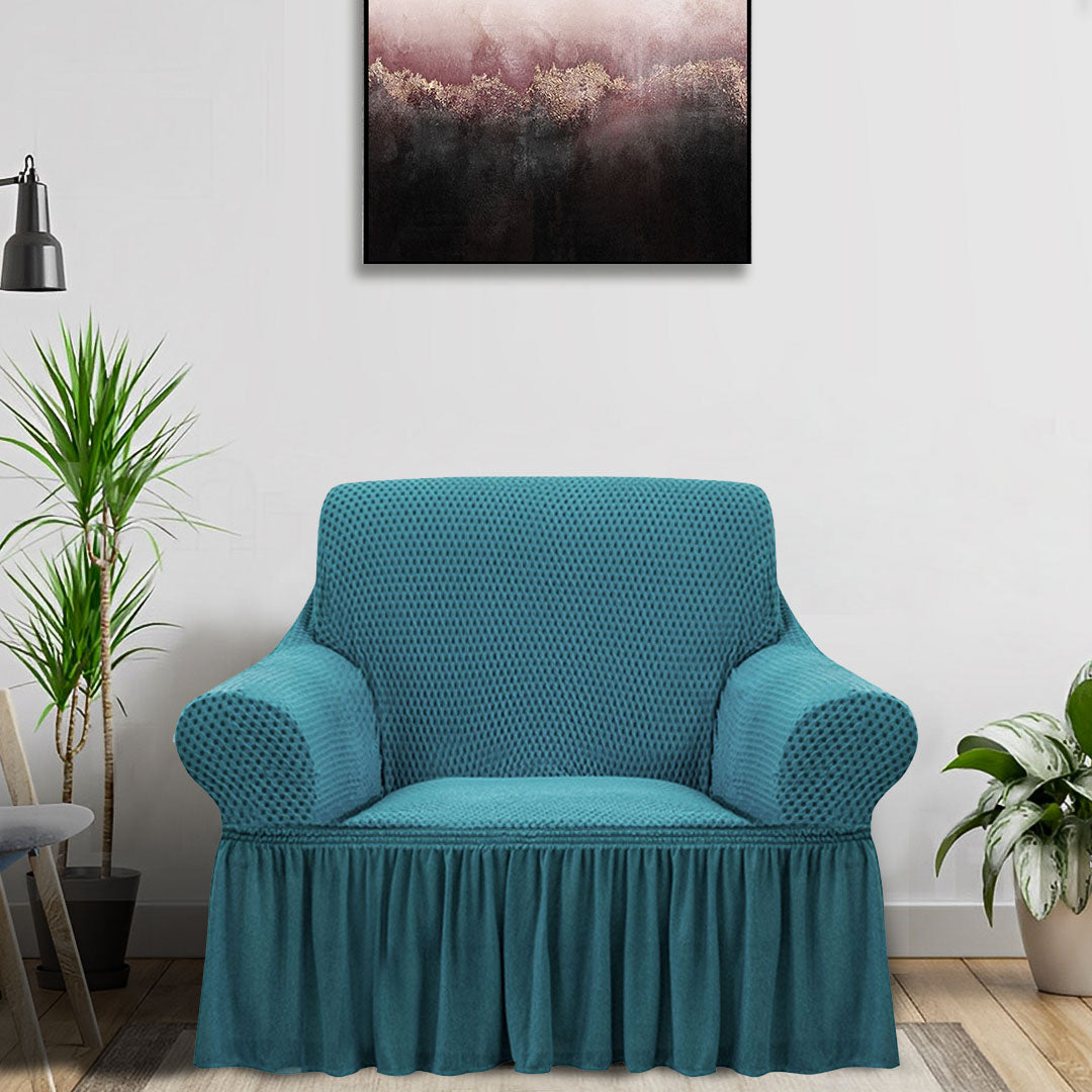 SOGA 1-Seater Blue Sofa Cover with Ruffled Skirt Couch Protector High Stretch Lounge Slipcover Home Decor • LUZ-SofaCov14