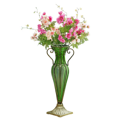 SOGA Green Colored European Glass Flower Vase Solid Base with Two Gold Metal Handle • LUZ-HO-VaseYG1885G