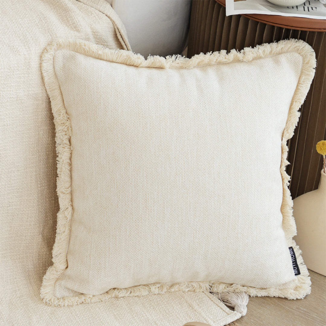 SOGA 2X 45cm Throw Pillow White Chenille Textured with Tassels Stylish Square Cozy Home Decor • LUZ-FrenchCushion277X2