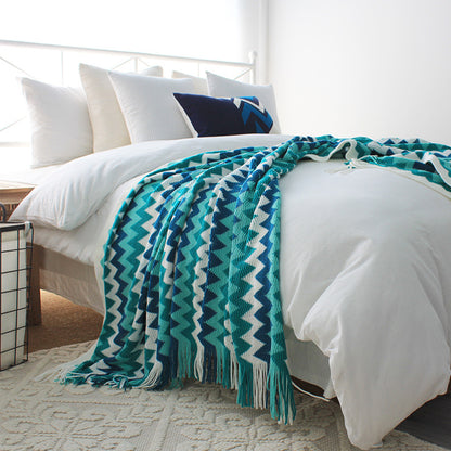 SOGA 220cm Blue Zigzag Striped Throw Blanket Acrylic Wave Knitted Fringed Woven Cover Couch Bed Sofa Home Decor • LUZ-Blanket920