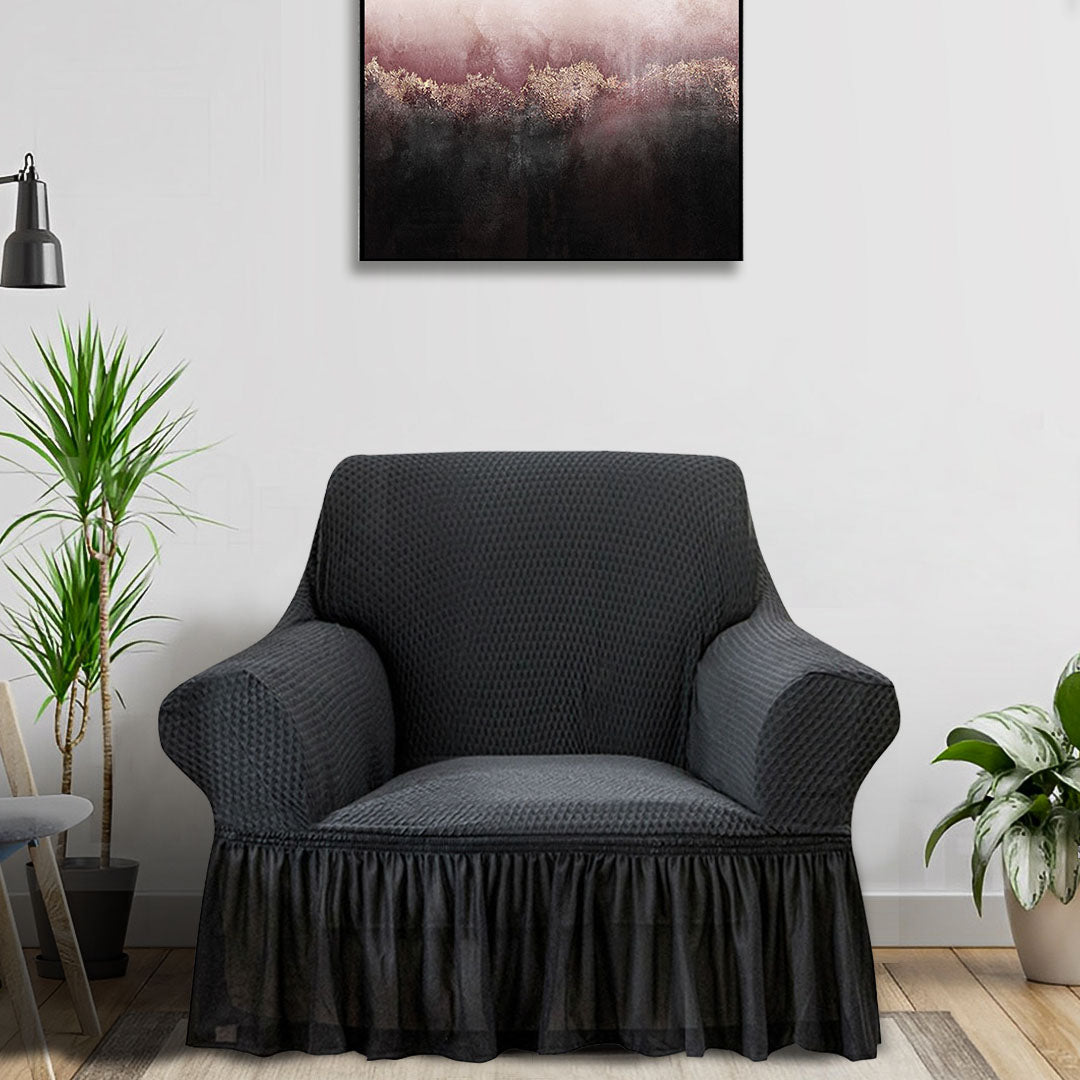 SOGA 1-Seater Dark Grey Sofa Cover with Ruffled Skirt Couch Protector High Stretch Lounge Slipcover Home Decor • LUZ-SofaCov10