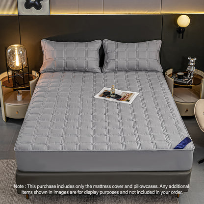 SOGA Grey 183cm Wide Mattress Cover Thick Quilted Stretchable Bed Spread Sheet Protector with Pillow Covers • LUZ-BCover4004