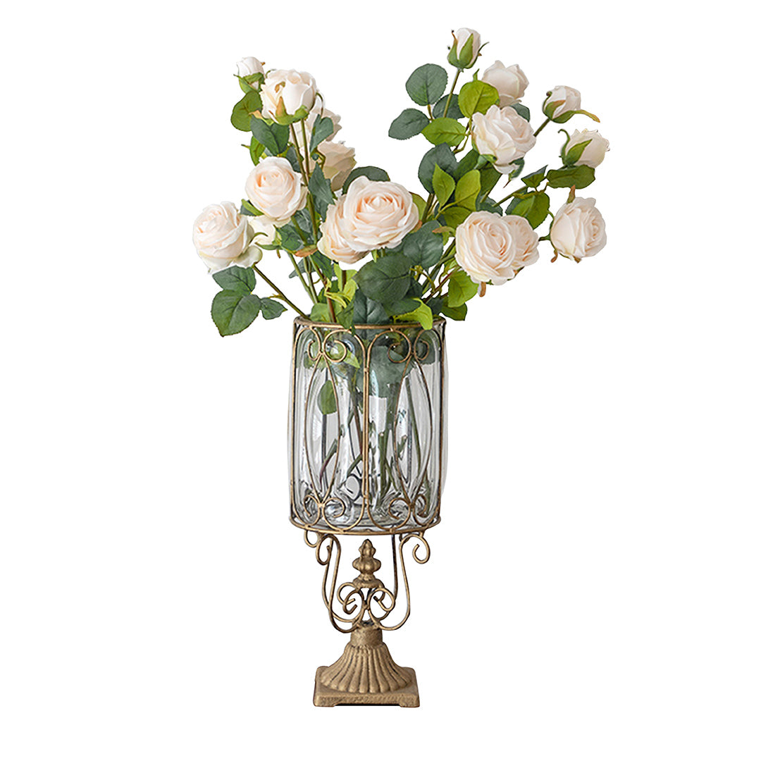 SOGA European Clear Glass Cylinder Flower Vase Solid Base with Gold Metal Pattern • LUZ-HO-VaseYG3015