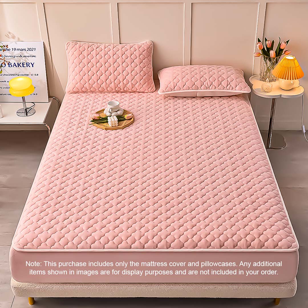 SOGA 2X Pink 153cm Wide Mattress Cover Thick Quilted Fleece Stretchable Clover Design Bed Spread Sheet Protector with Pillow Covers • LUZ-BCover7007X2