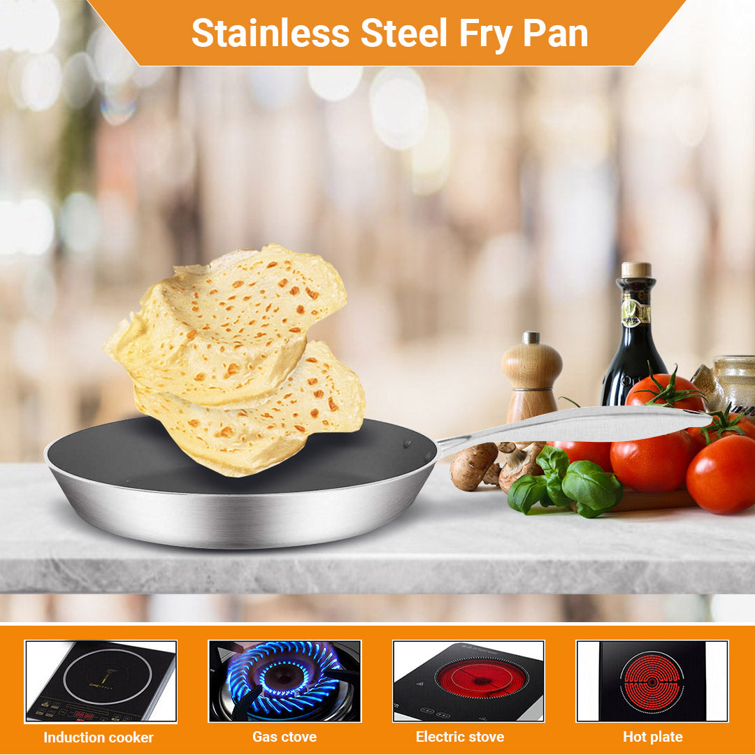 SOGA Stainless Steel Fry Pan 22cm Frying Pan Induction FryPan Non Stick Interior • LUZ-FryPanNS286922CM