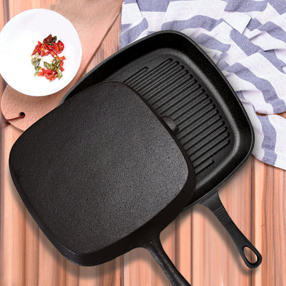 SOGA 23.5cm Square Ribbed Cast Iron Frying Pan Skillet Steak Sizzle Platter with Handle • LUZ-ZPai006