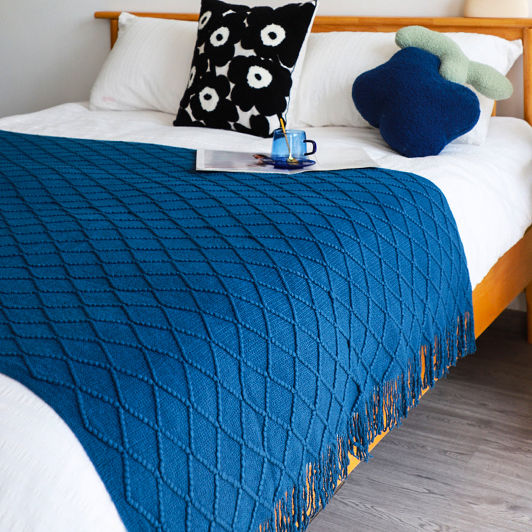 SOGA Royal Blue Diamond Pattern Knitted Throw Blanket Warm Cozy Woven Cover Couch Bed Sofa Home Decor with Tassels • LUZ-Blanket902