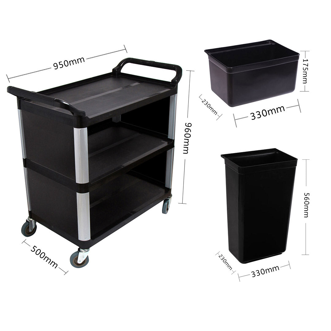 SOGA 3 Tier Covered Food Trolley Food Waste Cart Storage Mechanic Kitchen with Bins • LUZ-FoodCart1515WithBins