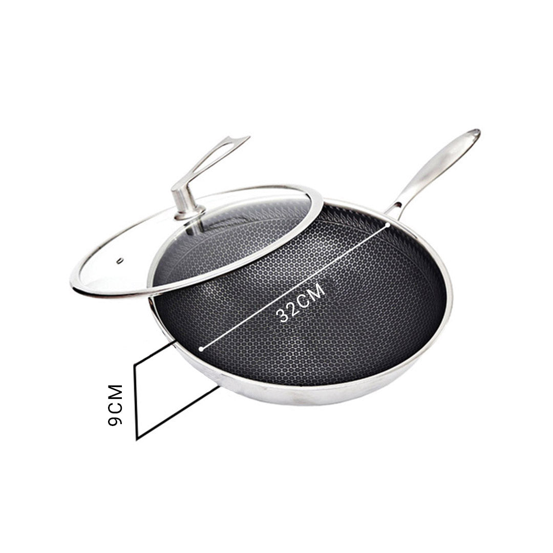 SOGA 32cm Stainless Steel Tri-Ply Frying Cooking Fry Pan Textured Non Stick Interior Skillet with Glass Lid • LUZ-FryPanTRIFPYZ32