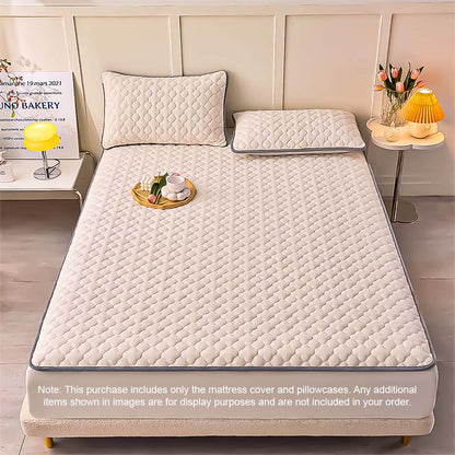 SOGA 2X Beige 153cm Wide Mattress Cover Thick Quilted Fleece Stretchable Clover Design Bed Spread Sheet Protector with Pillow Covers05 • LUZ-BCover7005X2