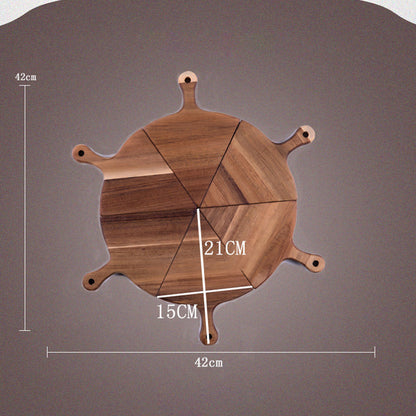SOGA 6 pcs Brown Round Divisible Wood Pizza Server Food Plate Board Pizza Paddle Cutting Board Home Decor • LUZ-WodE588