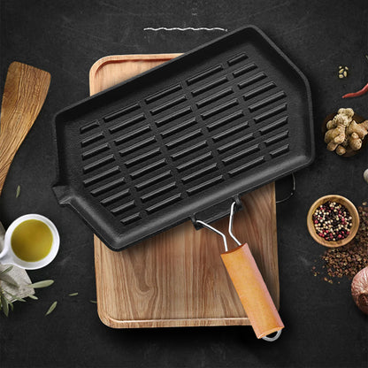 SOGA 2X Rectangular Cast Iron Griddle Grill Frying Pan with Folding Wooden Handle • LUZ-ZPai047X2