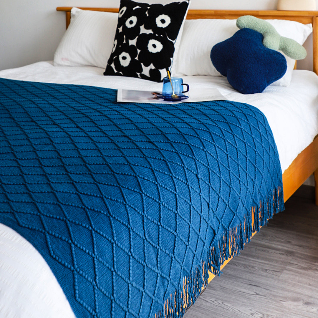SOGA 2X Royal Blue Diamond Pattern Knitted Throw Blanket Warm Cozy Woven Cover Couch Bed Sofa Home Decor with Tassels • LUZ-Blanket902X2