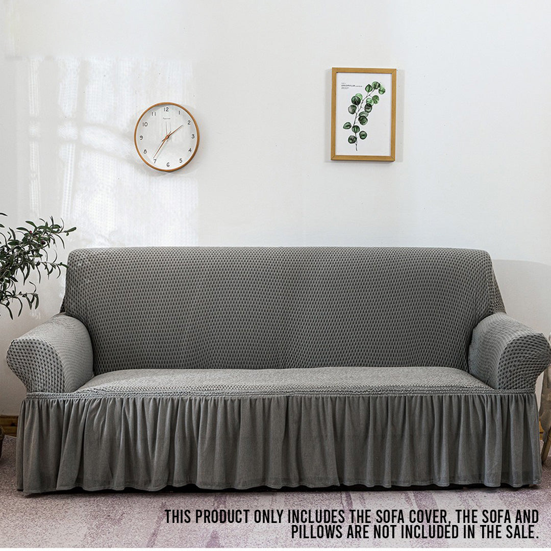 SOGA 3-Seater Grey Sofa Cover with Ruffled Skirt Couch Protector High Stretch Lounge Slipcover Home Decor • LUZ-SofaCov7