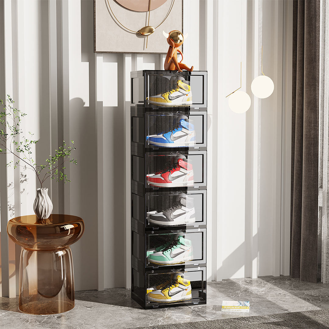 SOGA 6 Tier Black Portable Shoe Organiser Sneaker Footwear Folding Plastic Bin Stackable Storage Box with Magnetic Door • LUZ-ShoeA8006BLK