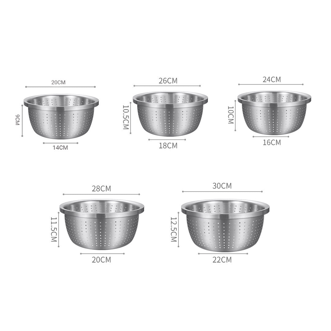 SOGA Stainless Steel Nesting Basin Colander Perforated Kitchen Sink Washing Bowl Metal Basket Strainer Set of 5 • LUZ-Bowl621