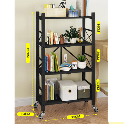 SOGA 2X 4 Tier Steel Black Foldable Display Stand Multi-Functional Shelves Portable Storage Organizer with Wheels • LUZ-KitchenXY029BLKX2