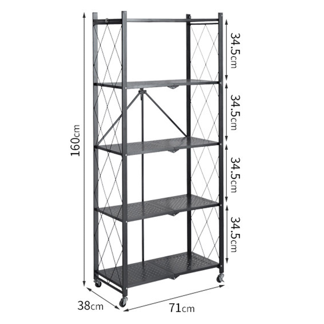 SOGA 2X 5 Tier Steel Black Foldable Kitchen Cart Multi-Functional Shelves Portable Storage Organizer with Wheels • LUZ-KitchenXY003X2
