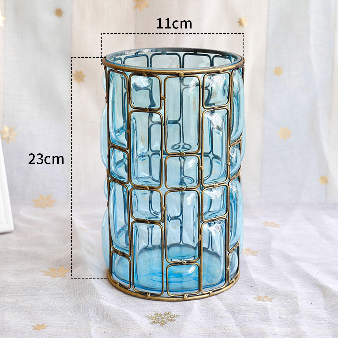 SOGA Blue Glass Cylinder Flower Vase with 8 Bunch 5 Heads Artificial Fake Silk Rose Home Decor Set • LUZ-YG3264-F008