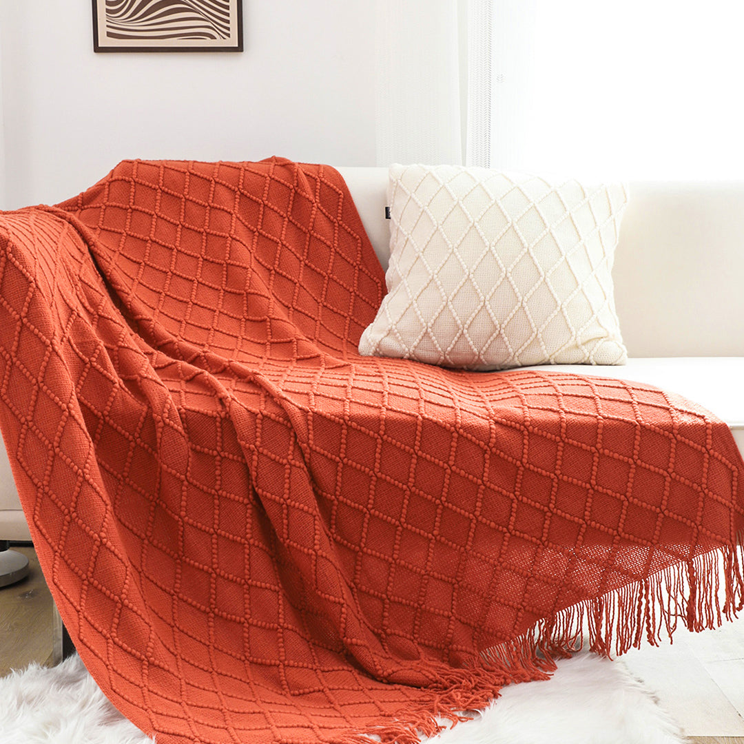 SOGA Red Diamond Pattern Knitted Throw Blanket Warm Cozy Woven Cover Couch Bed Sofa Home Decor with Tassels • LUZ-Blanket905