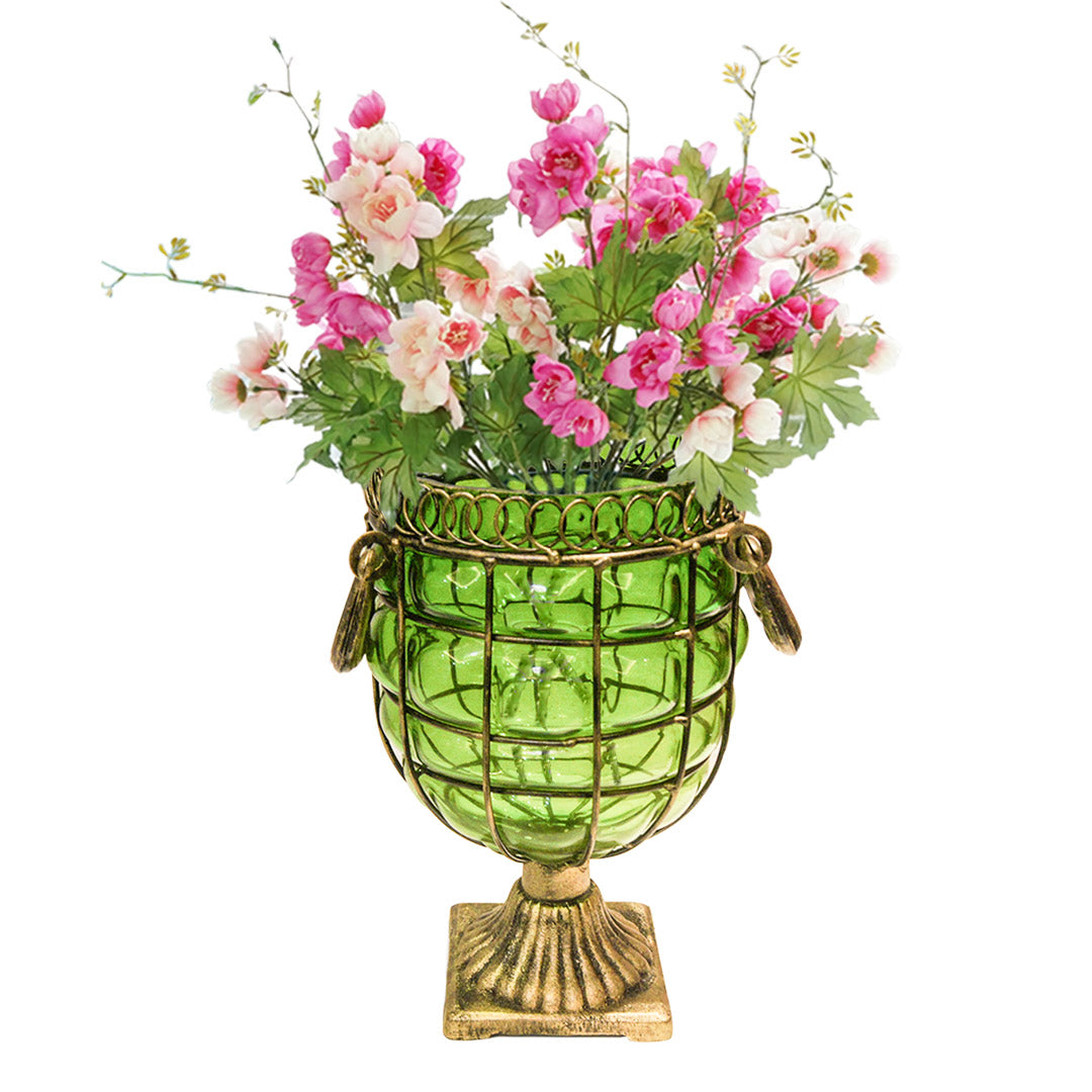 SOGA Green Colored European Glass Jar Flower Vase Solid Base with Metal Handle • LUZ-HO-VaseYG8045G