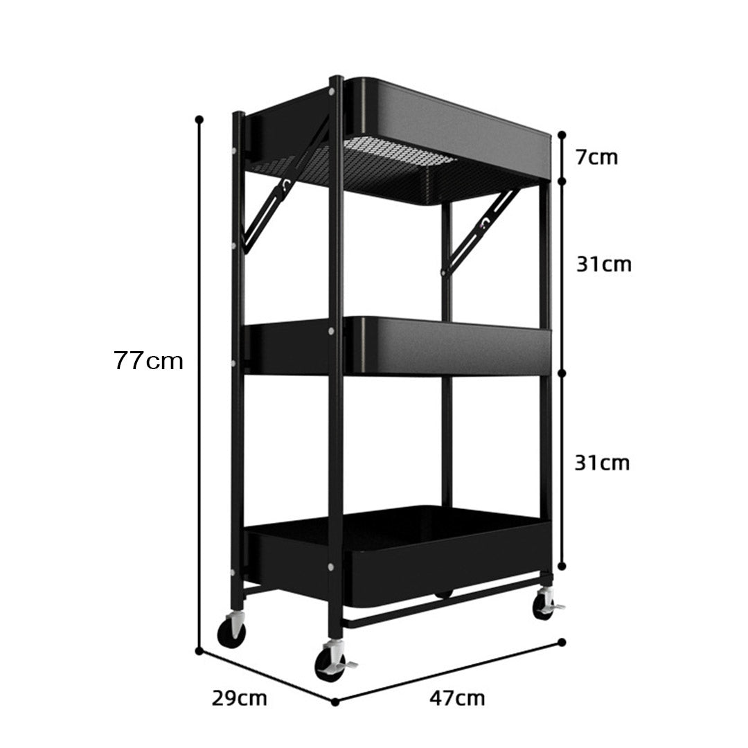 SOGA 3 Tier Steel Black Foldable Kitchen Cart Multi-Functional Shelves Portable Storage Organizer with Wheels • LUZ-KitchenXY011
