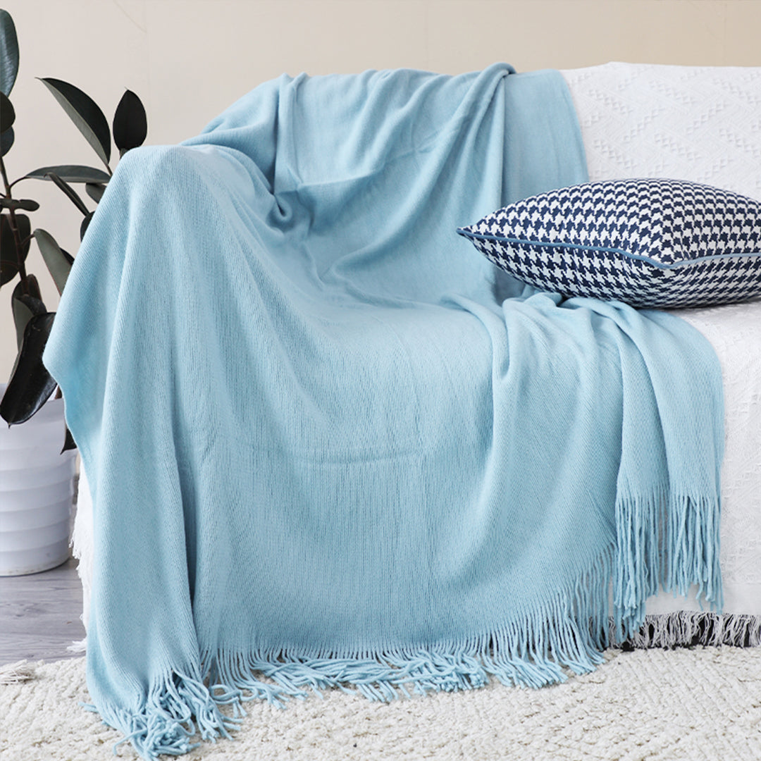 SOGA Sky Blue Acrylic Knitted Throw Blanket Solid Fringed Warm Cozy Woven Cover Couch Bed Sofa Home Decor • LUZ-Blanket914