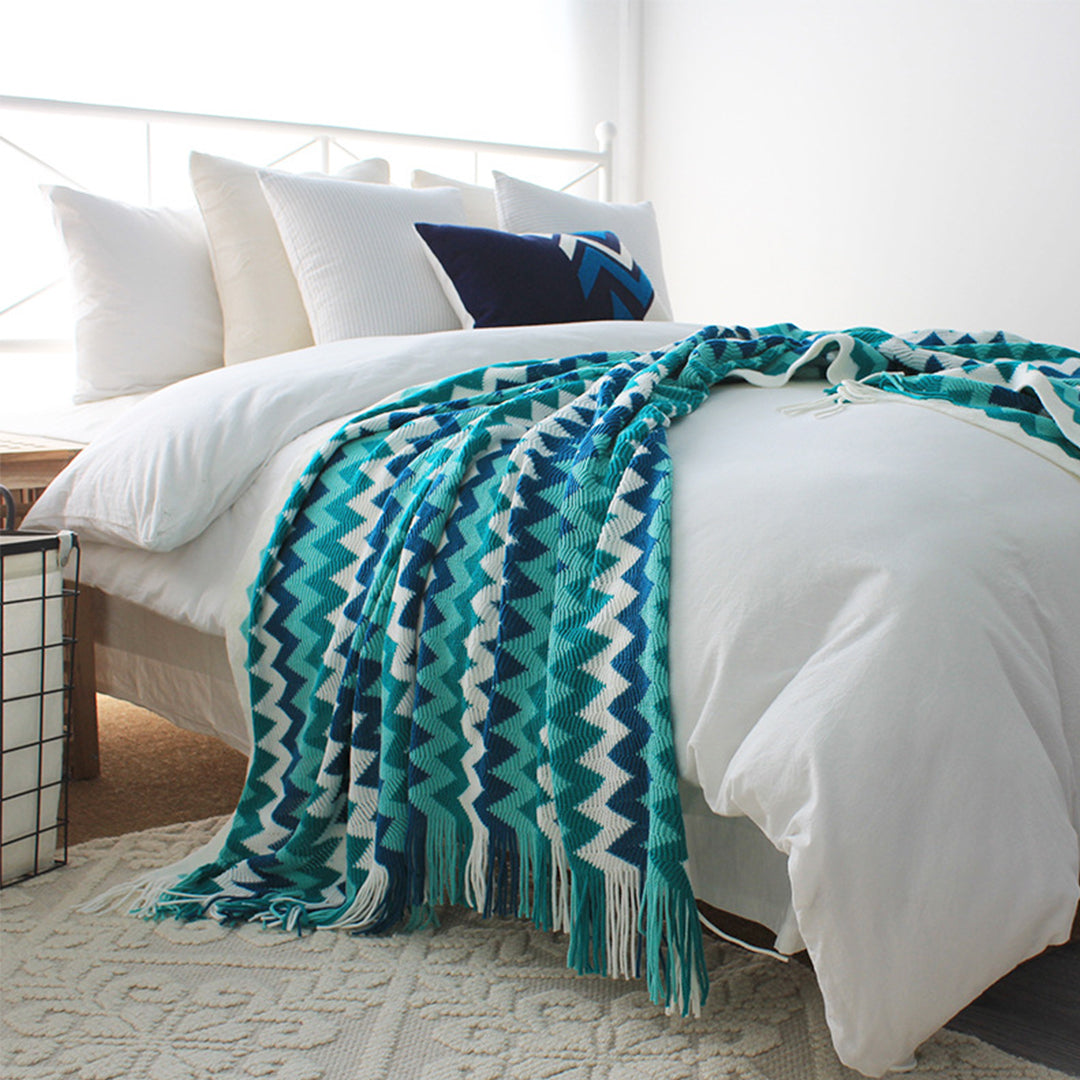 SOGA 2X 220cm Blue Zigzag Striped Throw Blanket Acrylic Wave Knitted Fringed Woven Cover Couch Bed Sofa Home Decor • LUZ-Blanket920X2