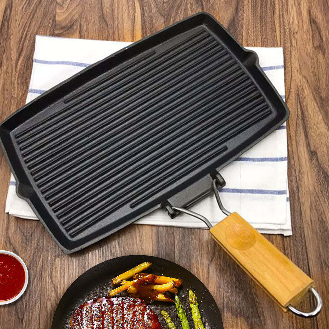 SOGA 2X 20.5cm Rectangular Cast Iron Griddle Grill Frying Pan with Folding Wooden Handle • LUZ-ZPai061X2