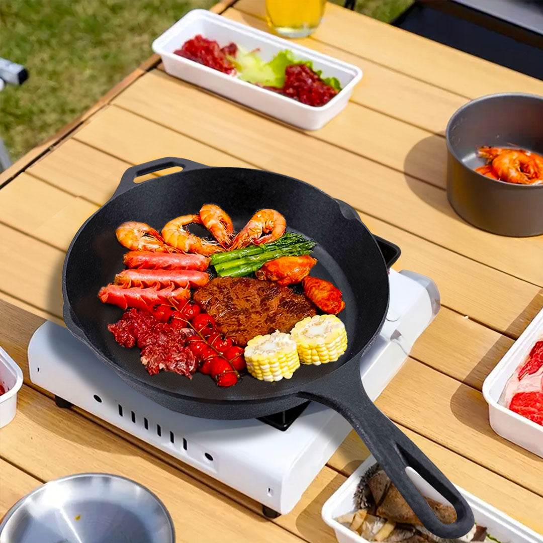 SOGA 30cm Round Cast Iron Frying Pan Skillet Steak Sizzle Platter with Helper Handle • LUZ-ZPai008