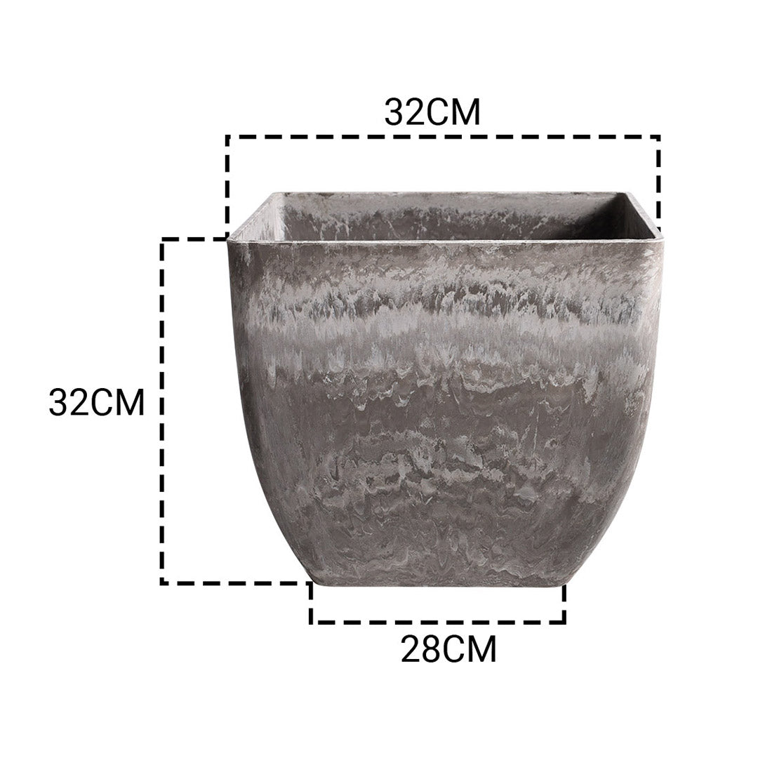 SOGA 2X 32cm Rock Grey Square Resin Plant Flower Pot in Cement Pattern Planter Cachepot for Indoor Home Office • LUZ-FPotF3252X2