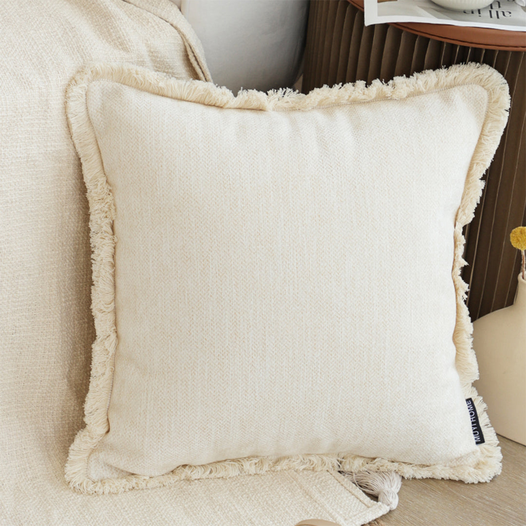 SOGA 45cm Throw Pillow White Chenille Textured with Tassels Stylish Square Cozy Home Decor LUZ-FrenchCushion277