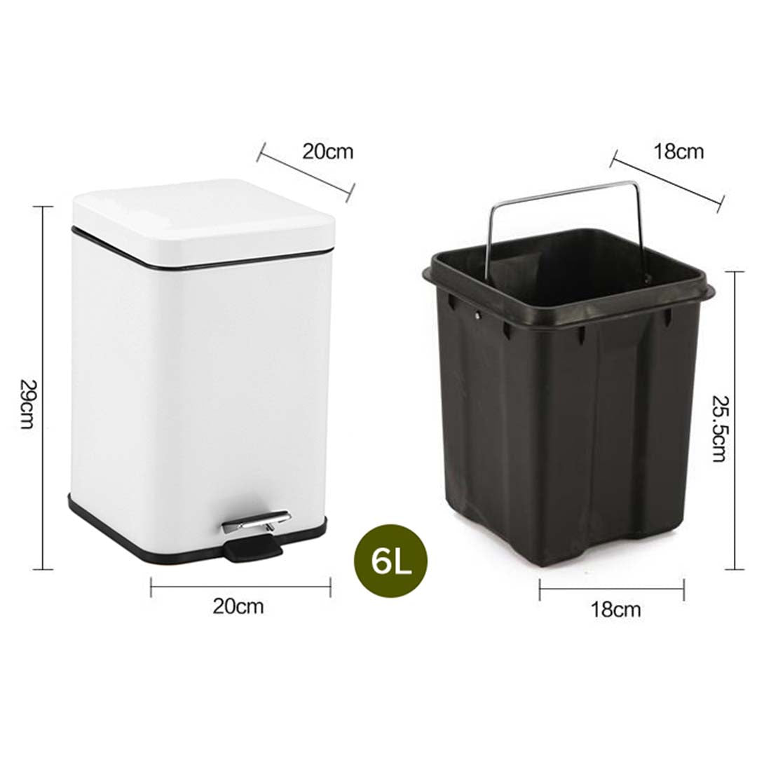 SOGA Foot Pedal Stainless Steel Rubbish Recycling Garbage Waste Trash Bin Square 6L White • LUZ-RubbishBinSquare6LWhite