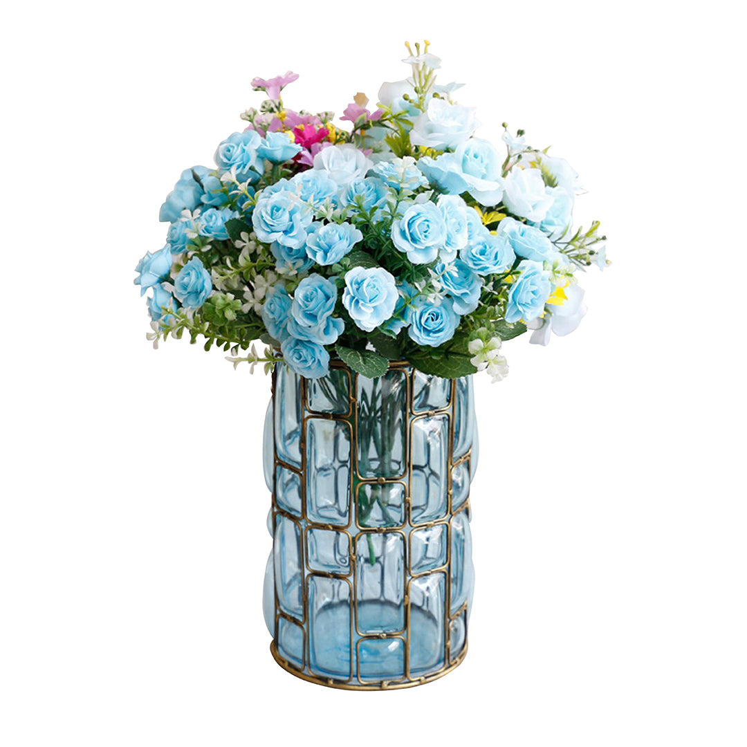 SOGA Blue Colored European Glass Cylinder Flower Vase with Gold Metal Pattern • LUZ-HO-VaseYG3264