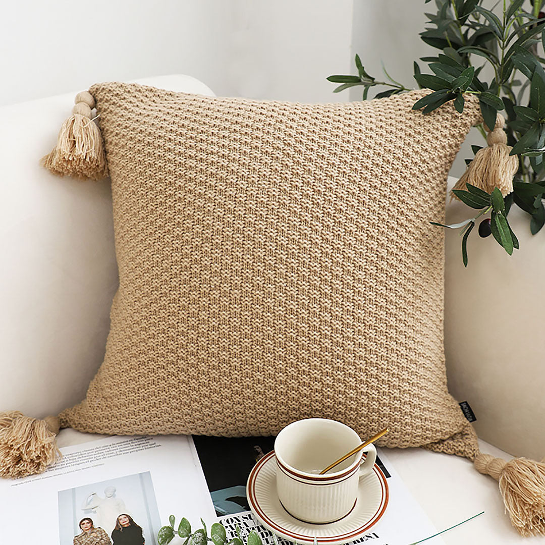 SOGA 50CM Light Brown Pillow with Tassel Accents, Rizzy Transitional Cover Throw Pillow • LUZ-FrenchCushion202