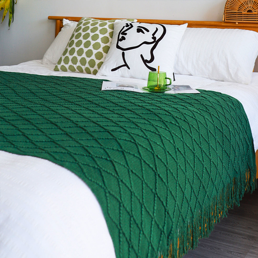 SOGA Green Diamond Pattern Knitted Throw Blanket Warm Cozy Woven Cover Couch Bed Sofa Home Decor with Tassels • LUZ-Blanket903
