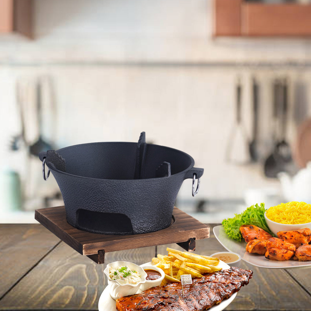 SOGA Medium Cast Iron Round Stove Charcoal Table Net Grill Japanese Style BBQ Picnic Camping with Wooden Board • LUZ-Zpai056Med