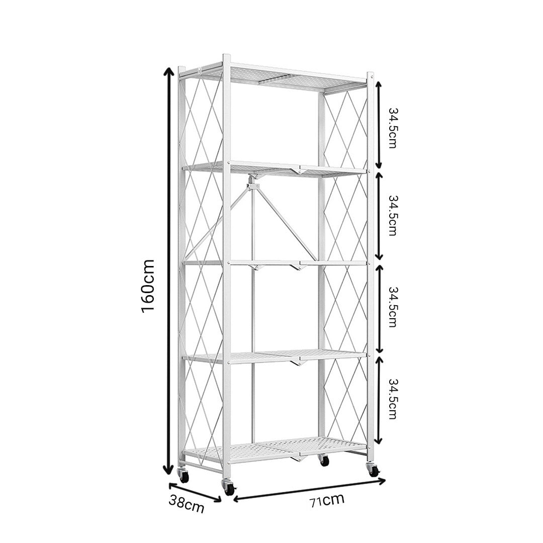 SOGA 2X 5 Tier Steel White Foldable Kitchen Cart Multi-Functional Shelves Portable Storage Organizer with Wheels • LUZ-KitchenXY003WHTX2