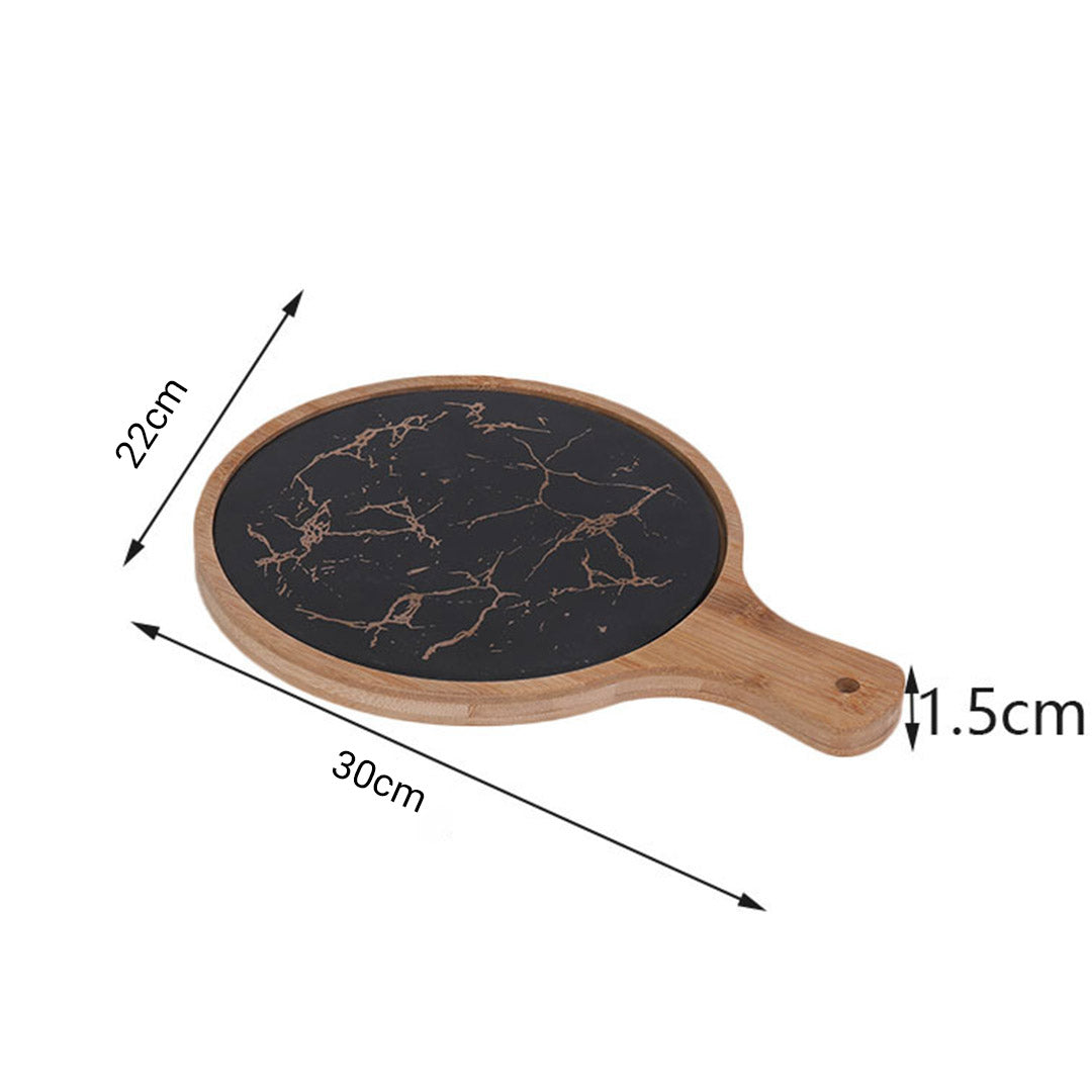 SOGA 2X 30cm Black Circle Wooden Serving Tray Slate Steak Serving Platter Chopping Board Paddle Home Decor • LUZ-WodE593X2