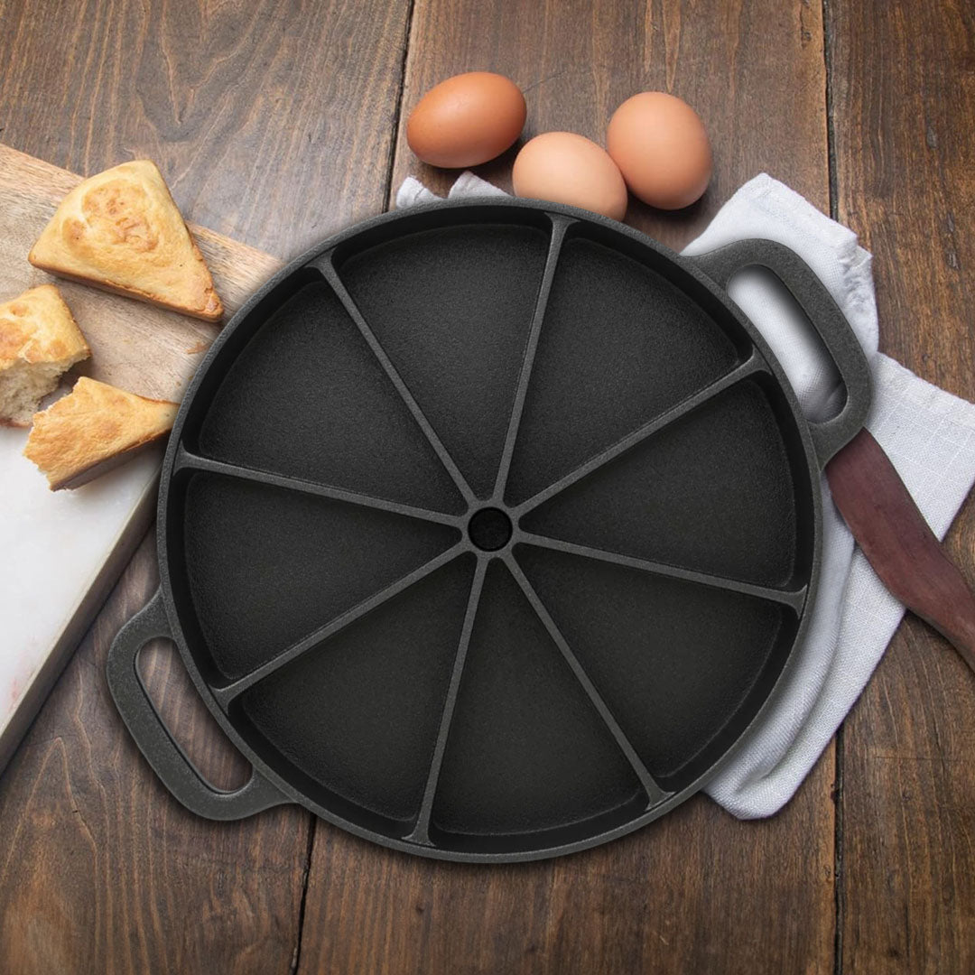 SOGA 2X 21.5CM Round Cast Iron Baking Wedge Pan Cornbread Cake 8-Slice Baking Dish with Handle • LUZ-ZPai017X2